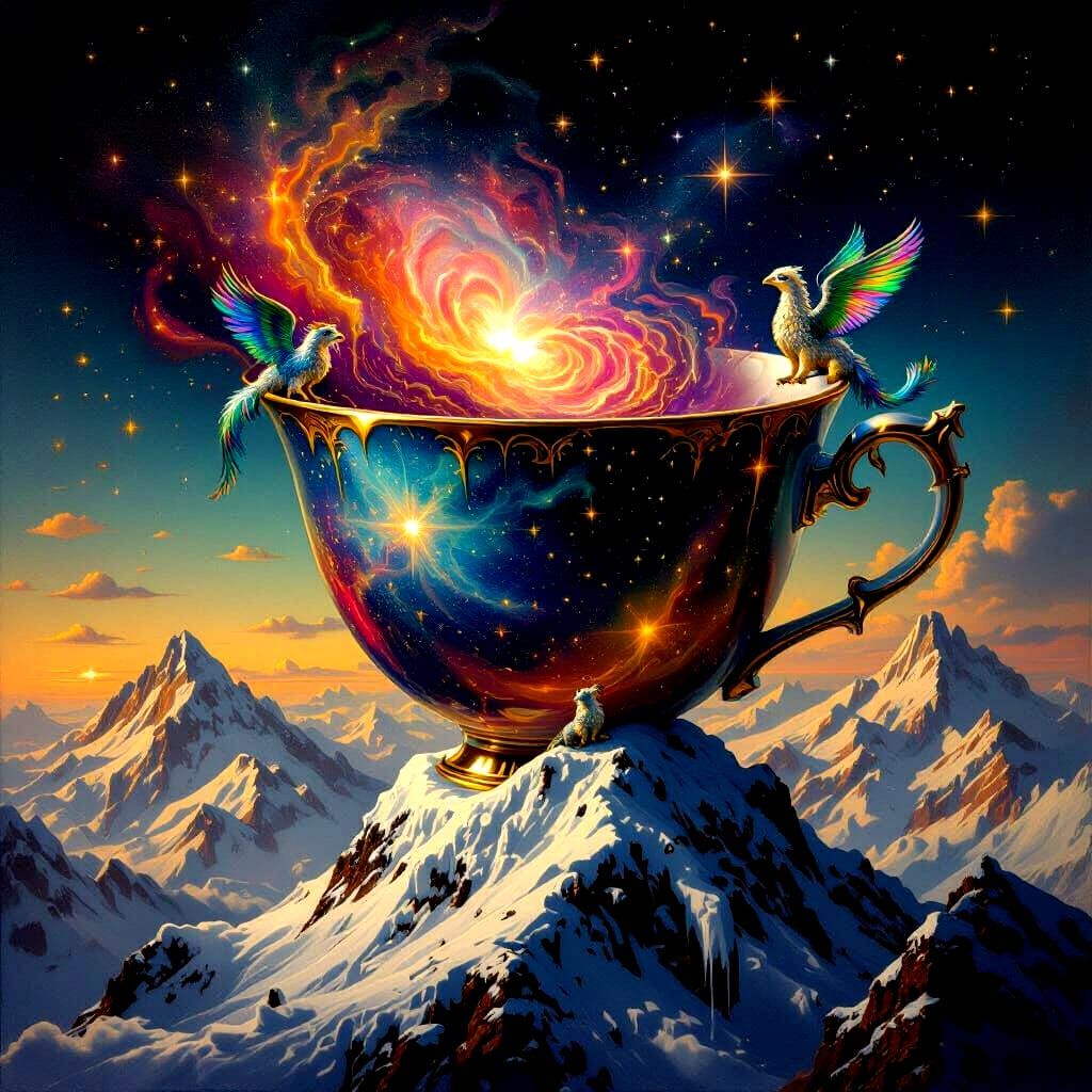 Colossal Teacup Nebula on Mountain Peak with Griffins