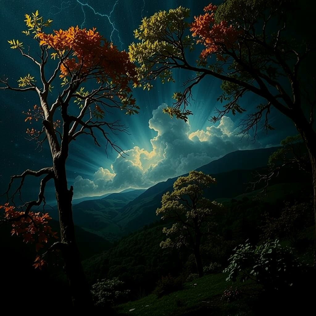 Golden Leaf Trees Under Radiant Light in Vibrant Landscape