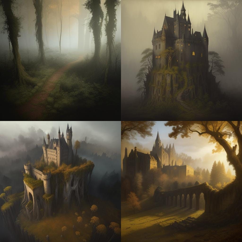 Castle Ruin in Forest, Oil Painting Style