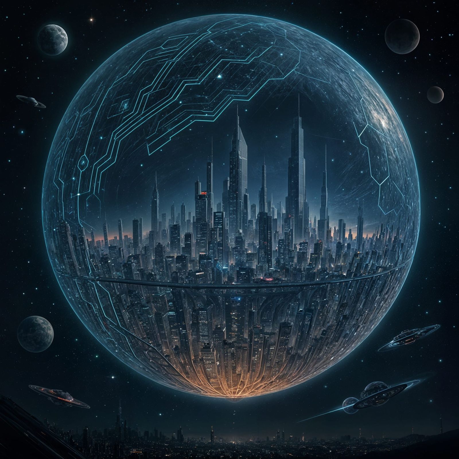 Futuristic Cityscape in Orbiting Sphere, Digital Painting