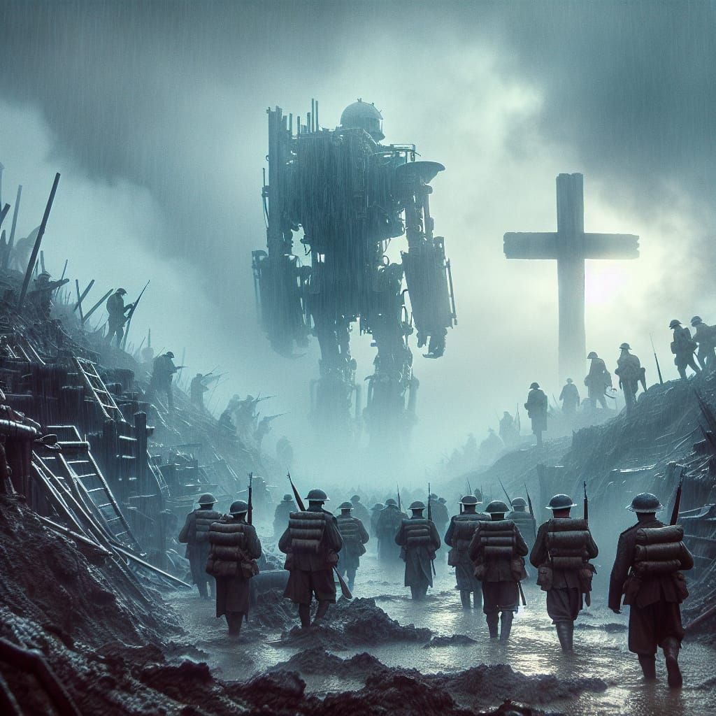WWI Soldiers in Foggy Trenches with Steel Monster and Cross