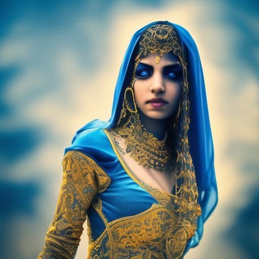 Fiery Female Jinn in Blue and Gold