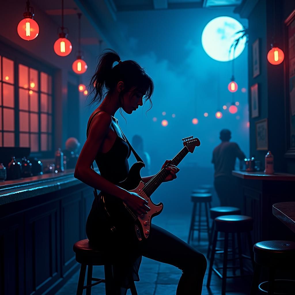 Moonlit Jazz Club Scene in Neon Art Style