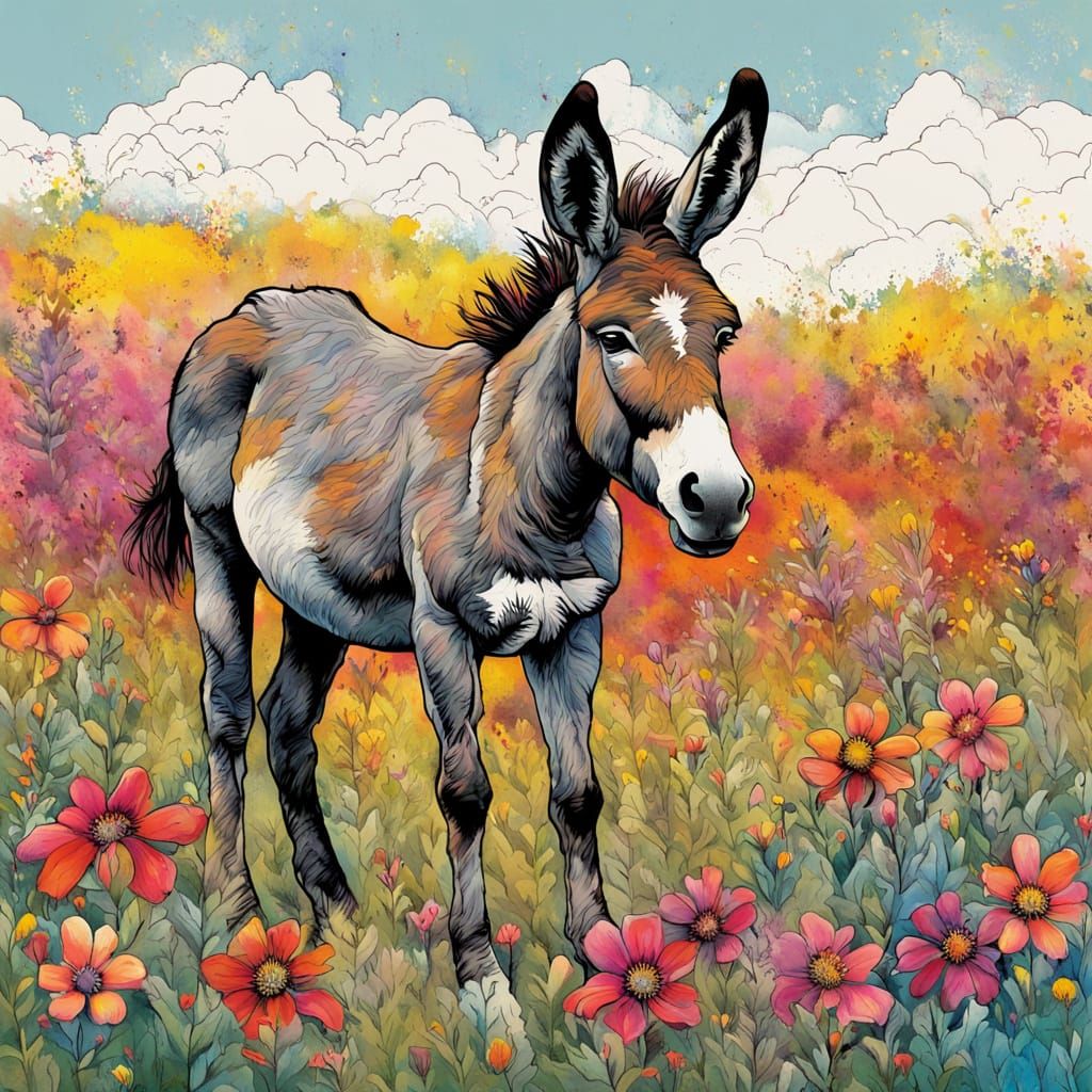 Ancient Donkey in Wildflower Field, Expressive Ink Splash