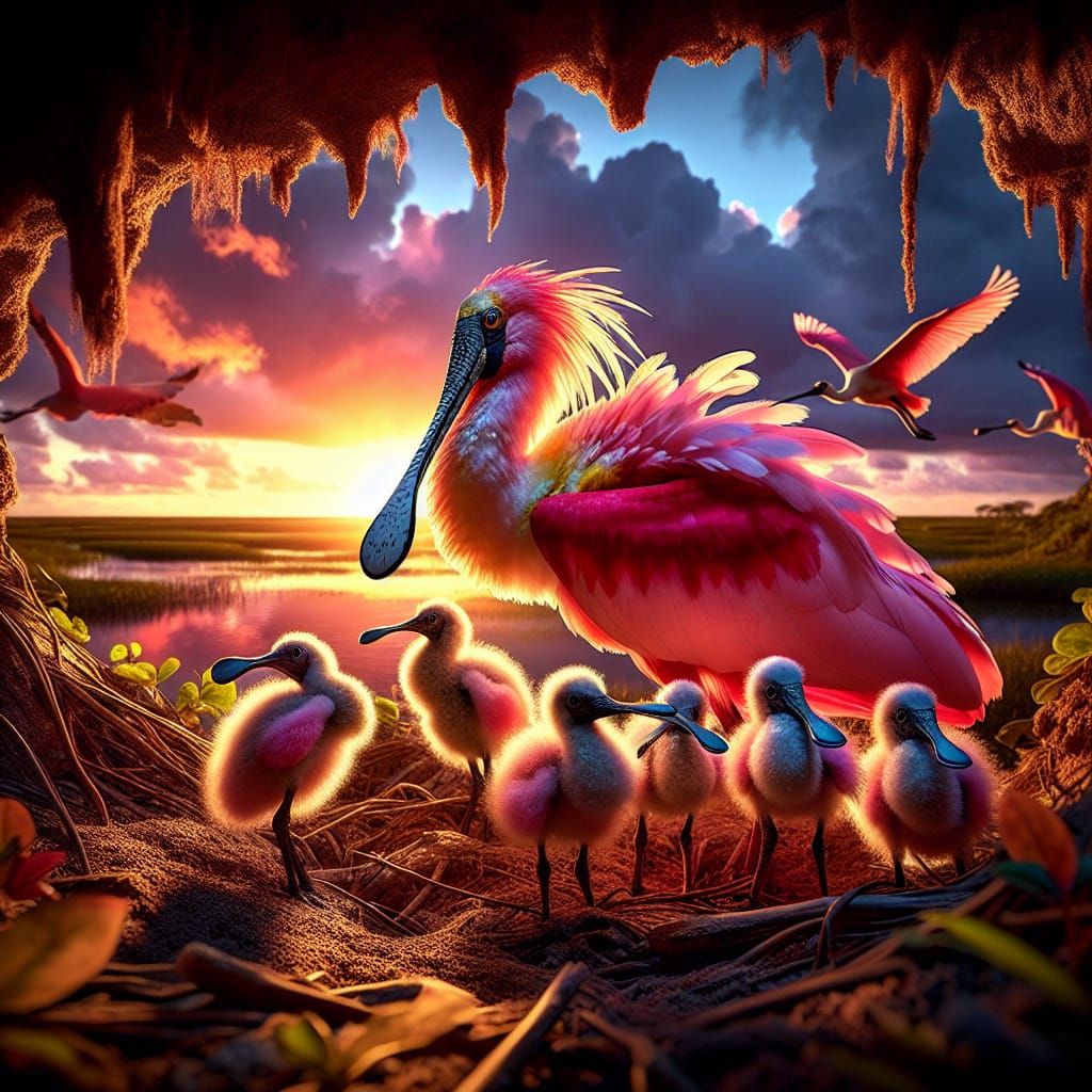 Roseate Spoonbill Family at Sunset