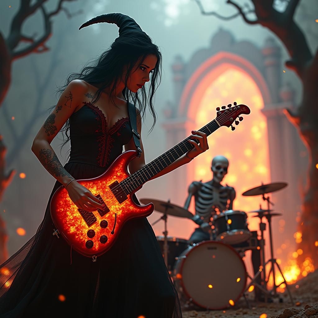 Witch and Skeleton Punk Rock Band in Hellfire