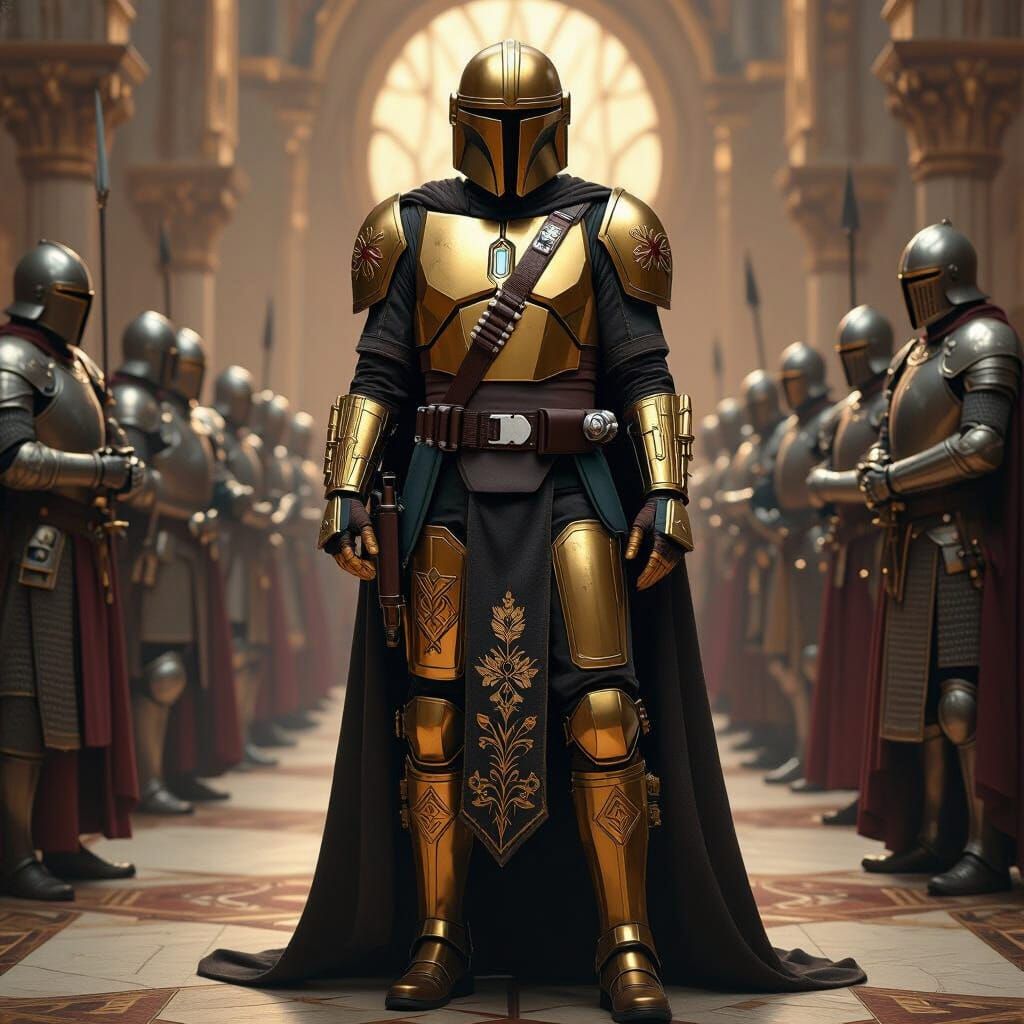 Ornate Gold Mandalorian Armor in Dramatic Scene