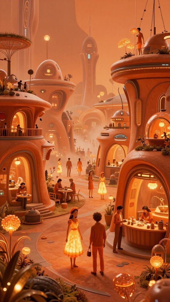 Futuristic Orange Village Life in Sci-Fi Concept Art