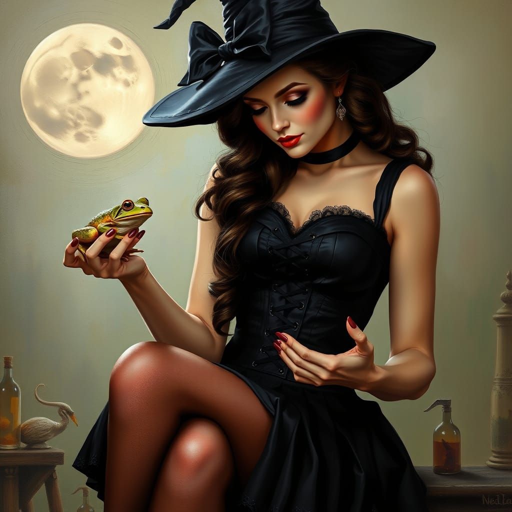1950s Pinup Witch Examines Invisible Frog