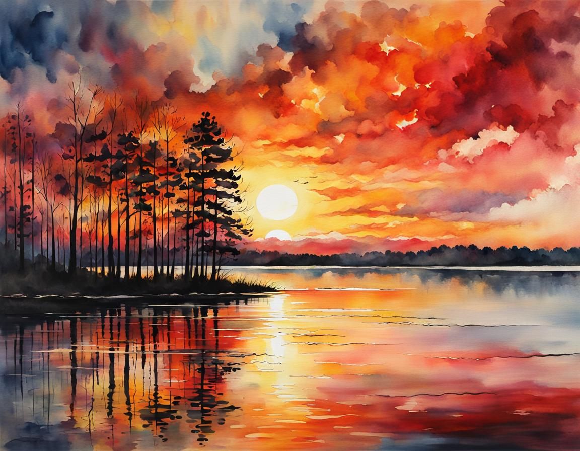 Sunset Lake Illustration in Oil, Watercolor and Ink