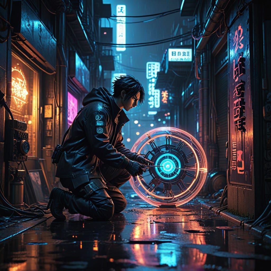 Cyberpunk Anime Repair Scene in Neon-Lit Alleyway