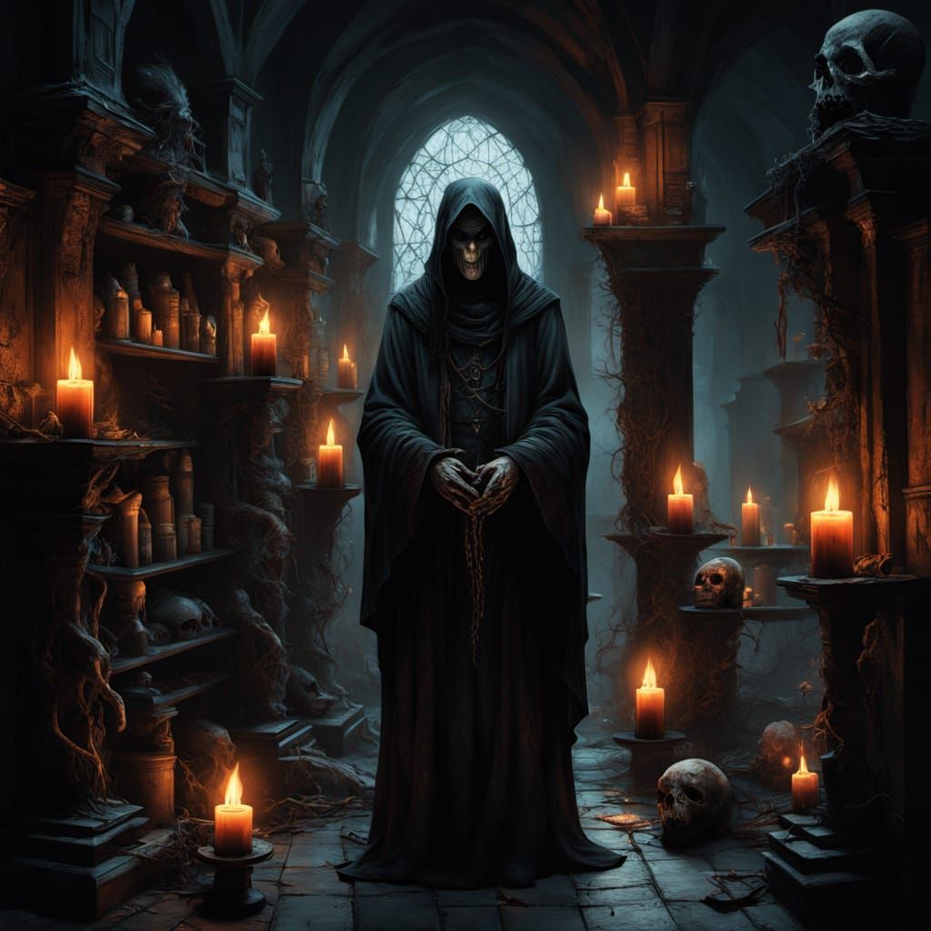 Dark Fantasy Master Amidst Twisted Root and Bone Shelves
