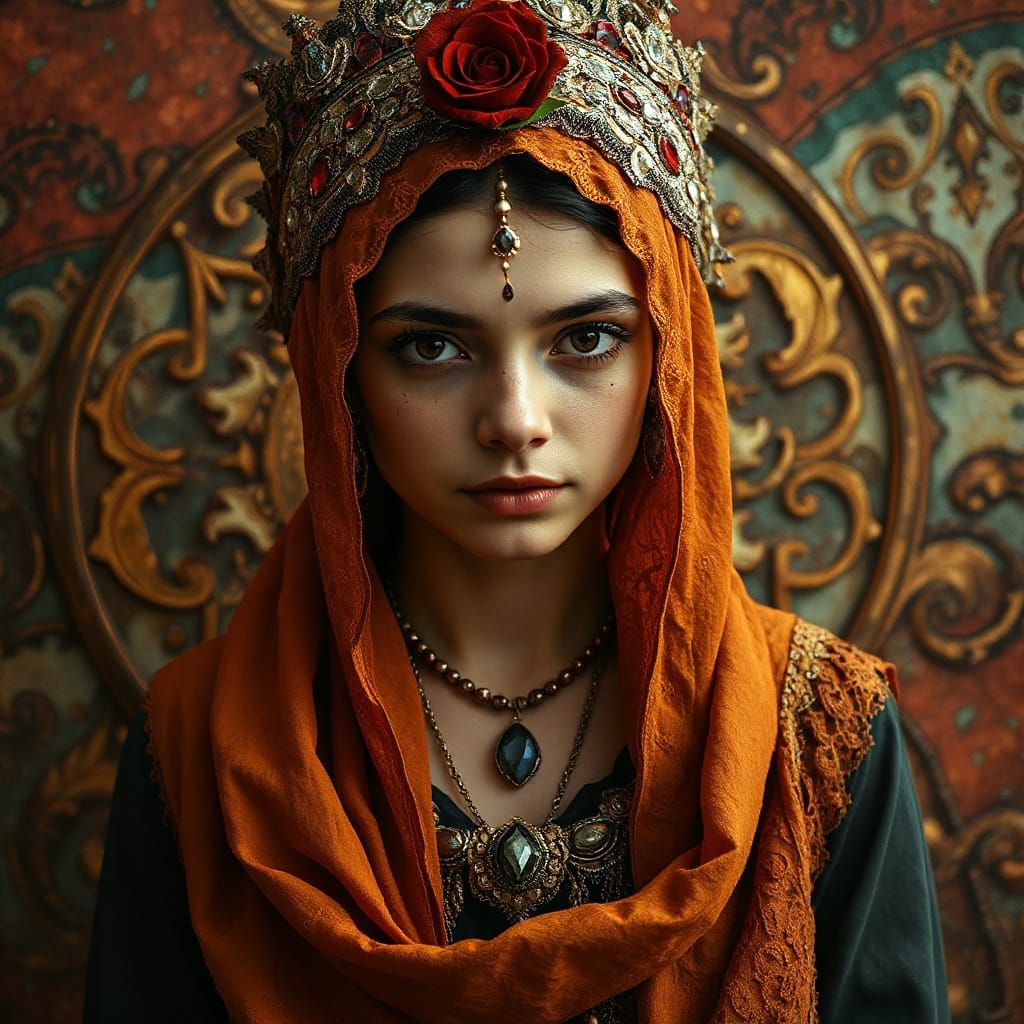 Portrait of Middle Eastern Woman with Decorative Headdress