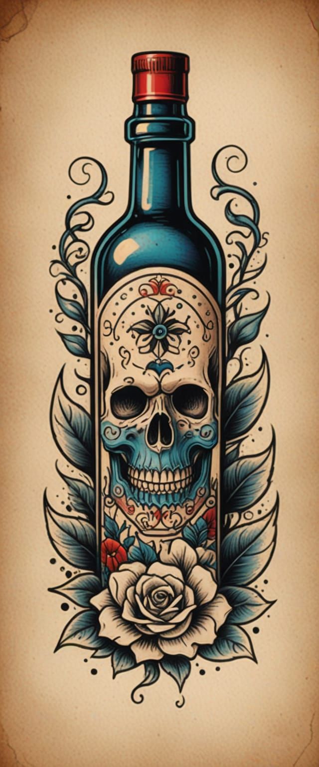 Bold American Traditional Tattoo Art: Skull Bottle Icon