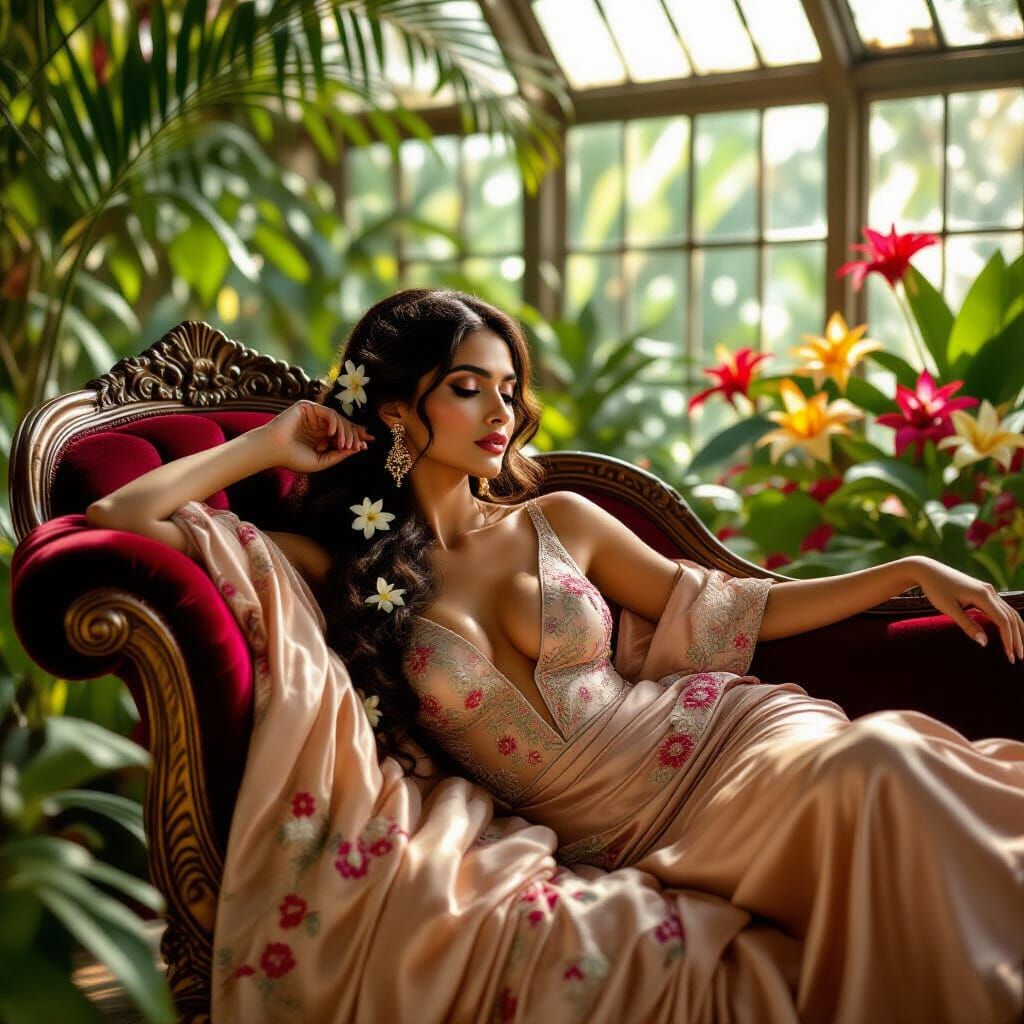Elegant Indian Woman in Sun-Drenched Conservatory