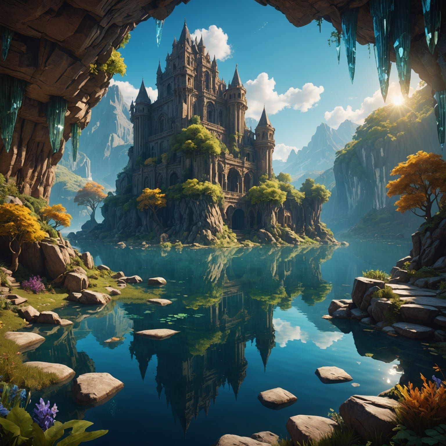 Crystal Cave with Reflecting Lake: Detailed Matte Painting