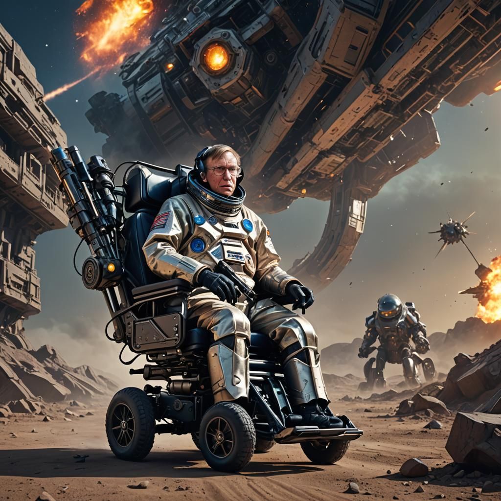 Stephen Hawking in Spacesuit with Ray Gun