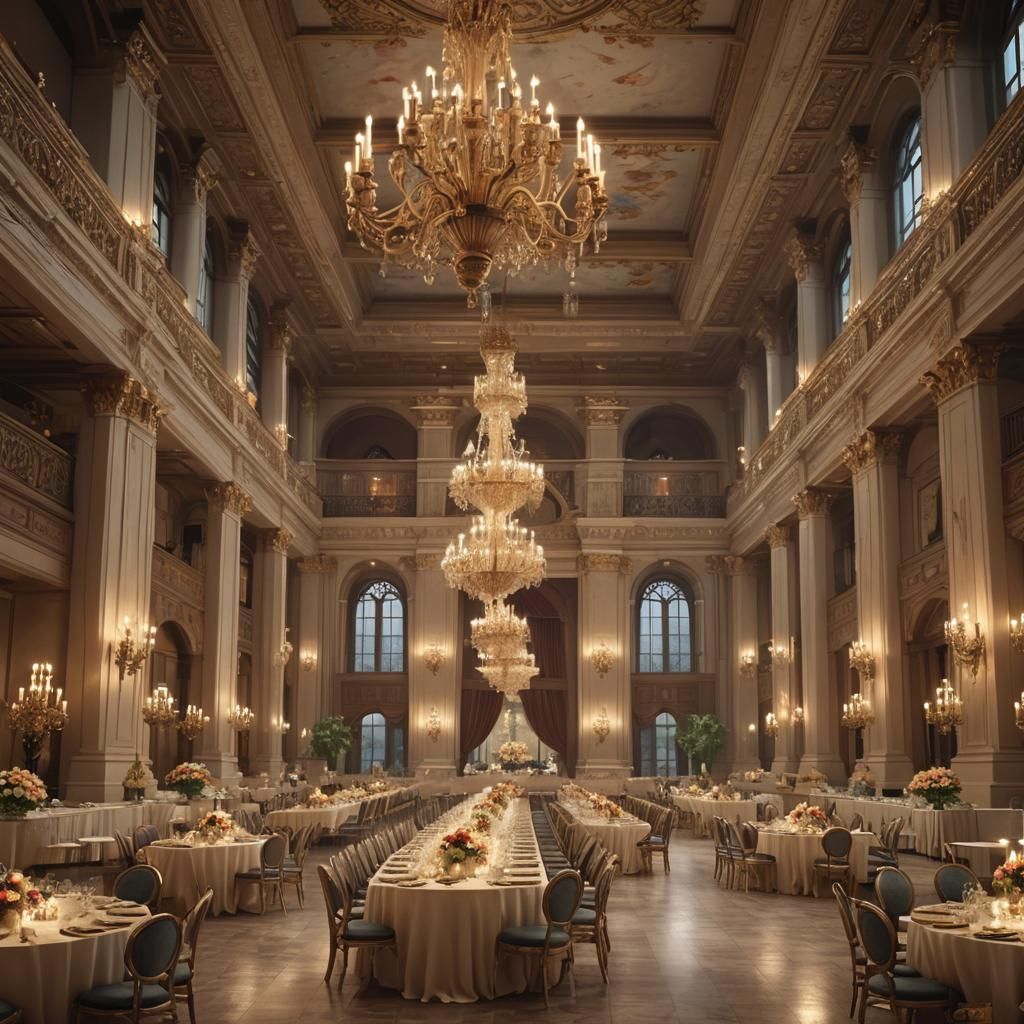 Opulent Banquet Hall with Food Stations in Photorealistic St...