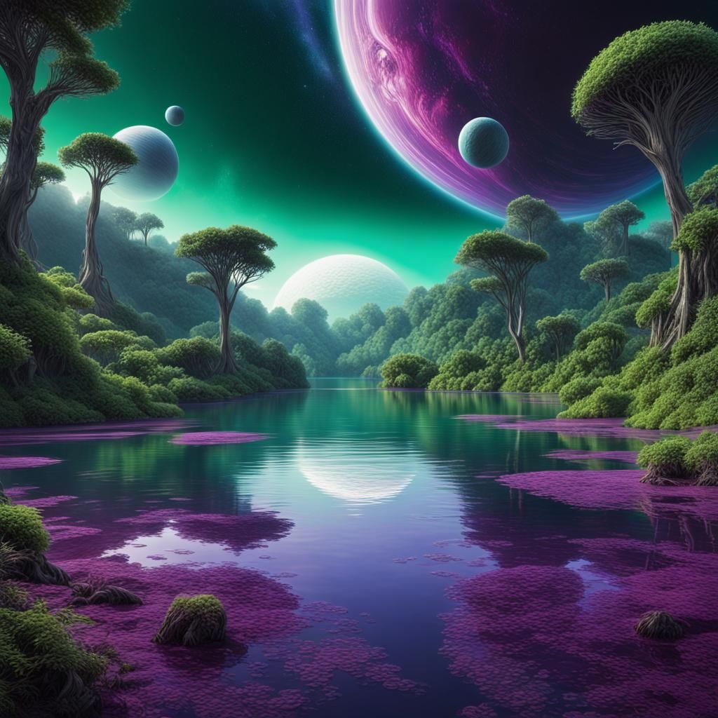 Alien Planet Landscape with Purple Lake