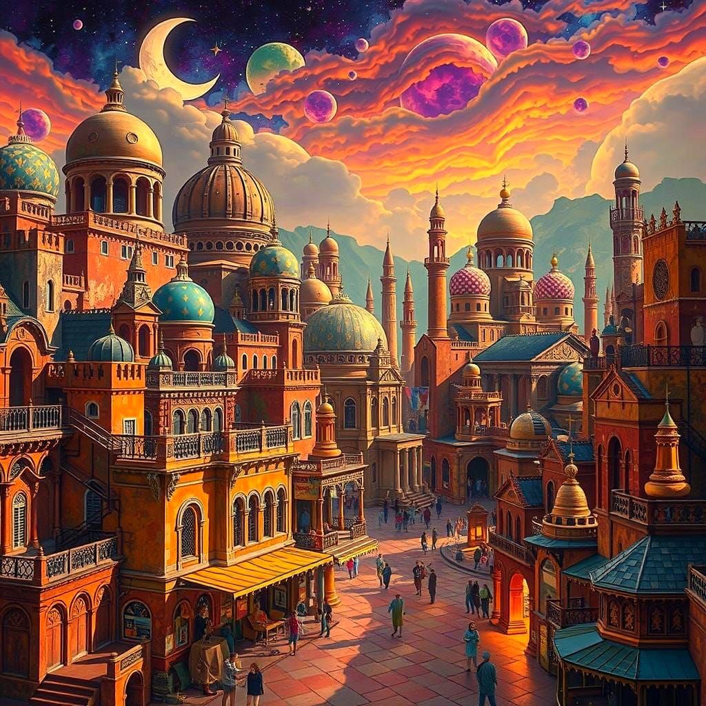 Surreal Cityscape with Shimmering, Psychedelic Architecture