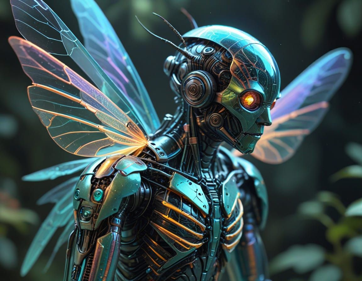Futuristic Scientist Studying Insect with Iridescent Wings