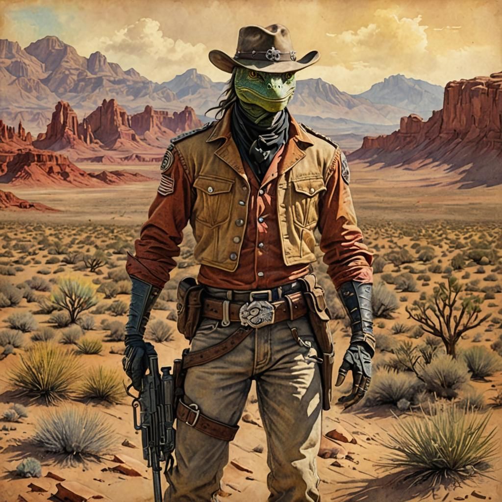 Lizard Gunslinger Portrait in Red Wall Style