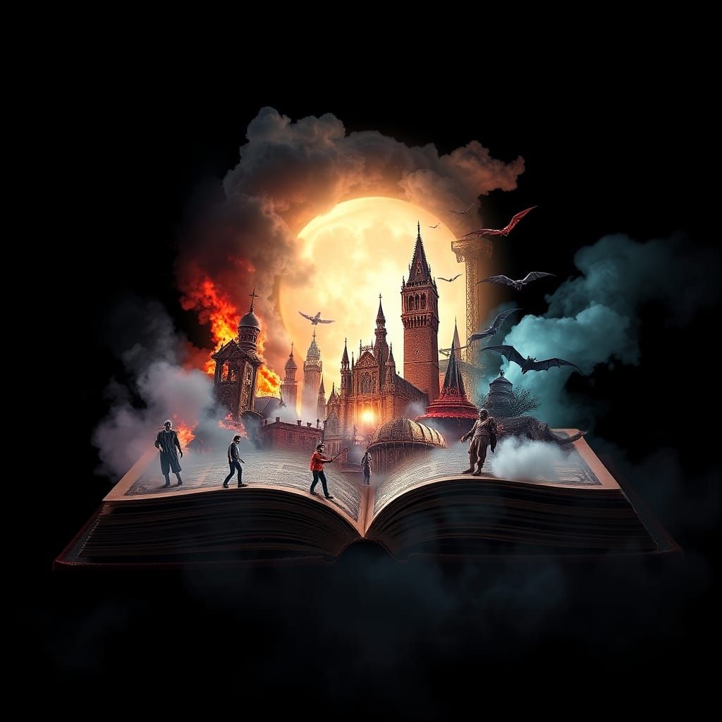 surreal pop-up book style image of an old leatherback tome. fantasy style buildings, zombies, dense smoke, fire, dragons...