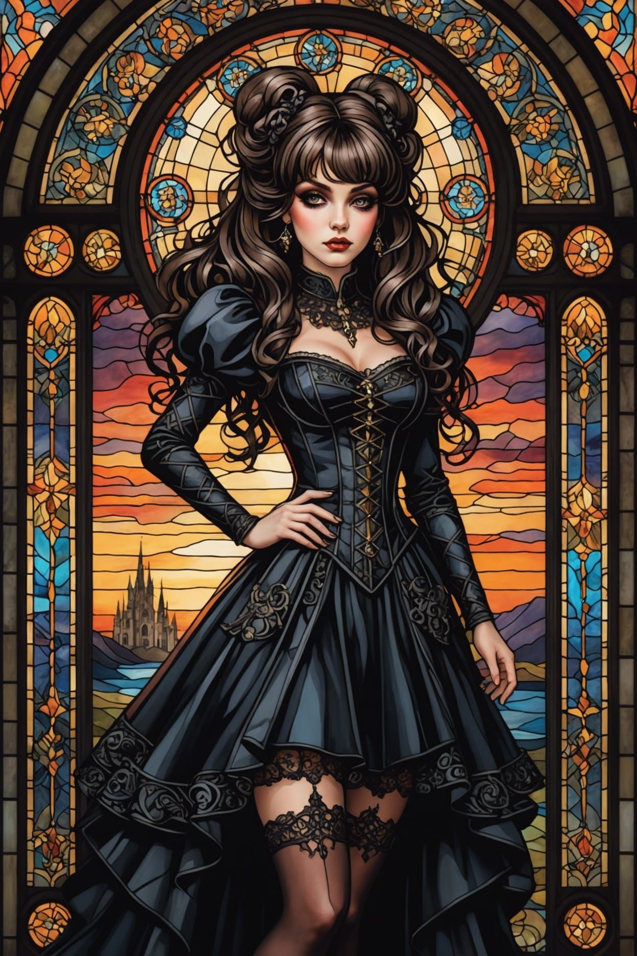 Gothic Lady in Stained Glass Window Style