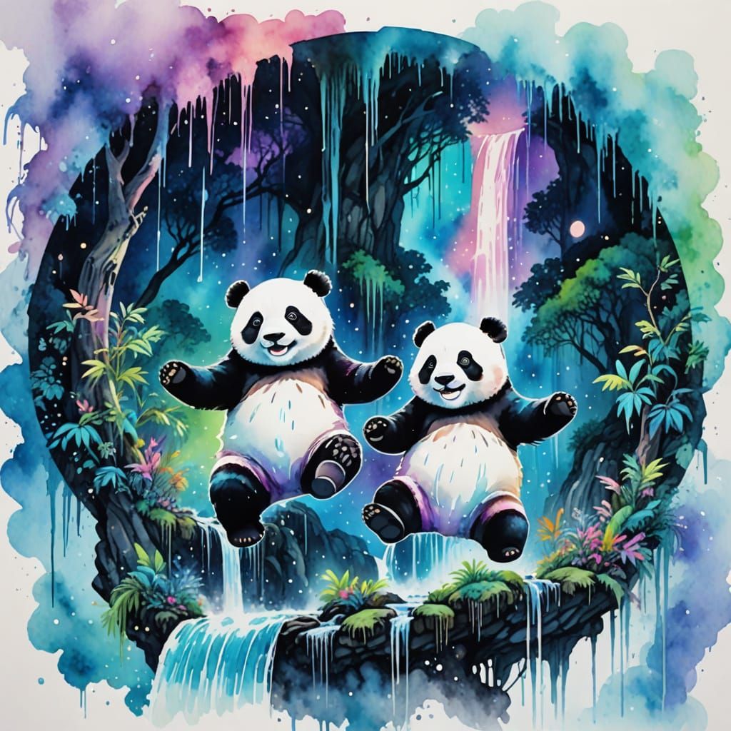 Surreal Watercolor Dreamscapes of Two Pandas Dancing in a Bi...