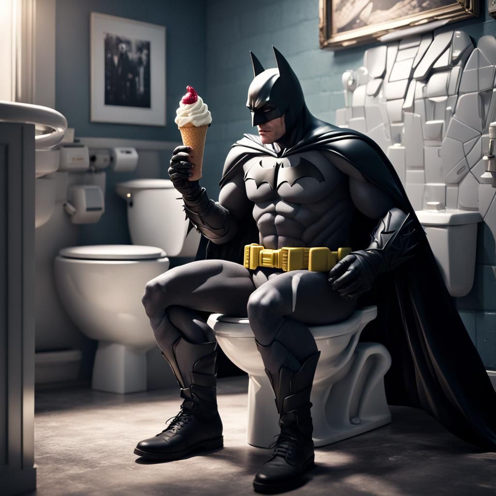 Hyperrealistic Batman Eating Ice Cream on Toilet