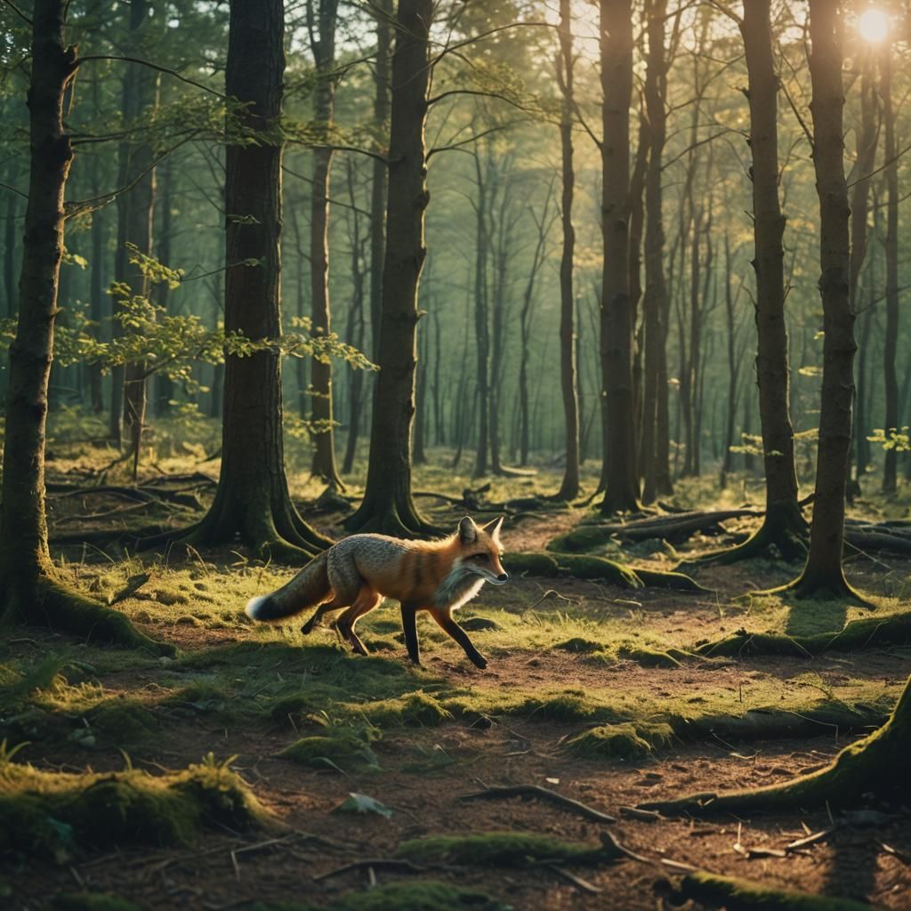 Fox Running Through Forest: Cinematic Film Still