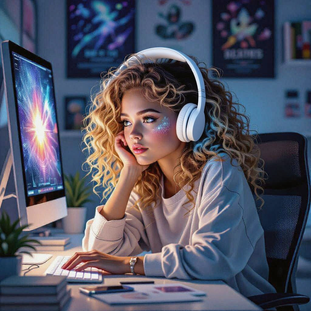 Girl Reading with Glowing Stardust, Art Nouveau Style