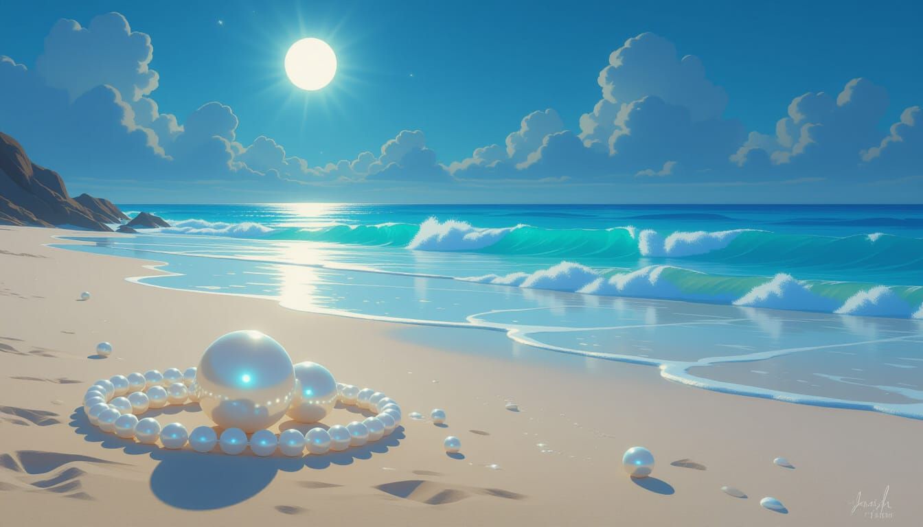 Glowing Pearls on a Moonlit Beach: Ethereal Landscape