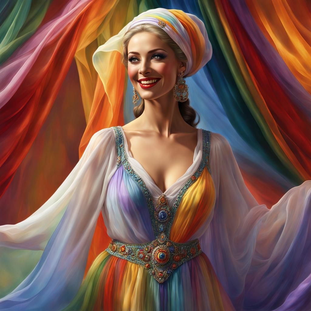 Glamorous Lady in Rainbow Nightdress: Fantasy Art
