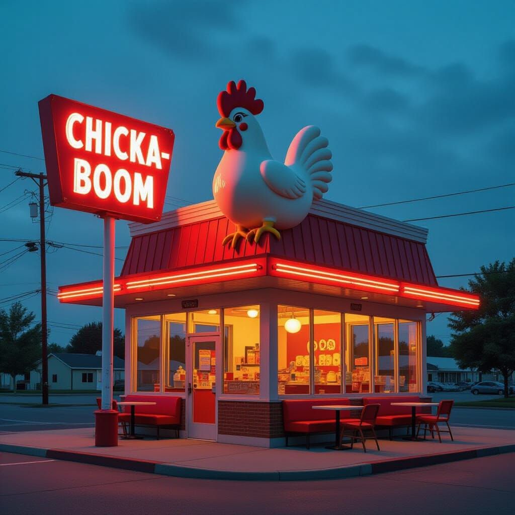 Photorealistic Chicken Restaurant with Vibrant, Dynamic Ligh...