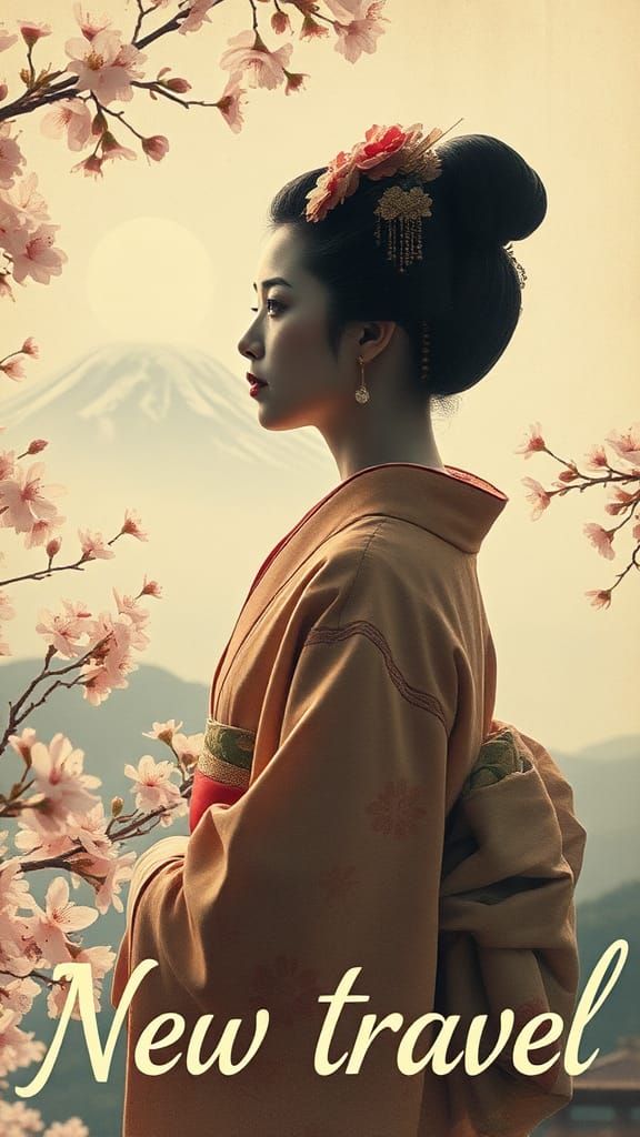 Geisha Gazing at Mount Fuji: Retro Travel Poster