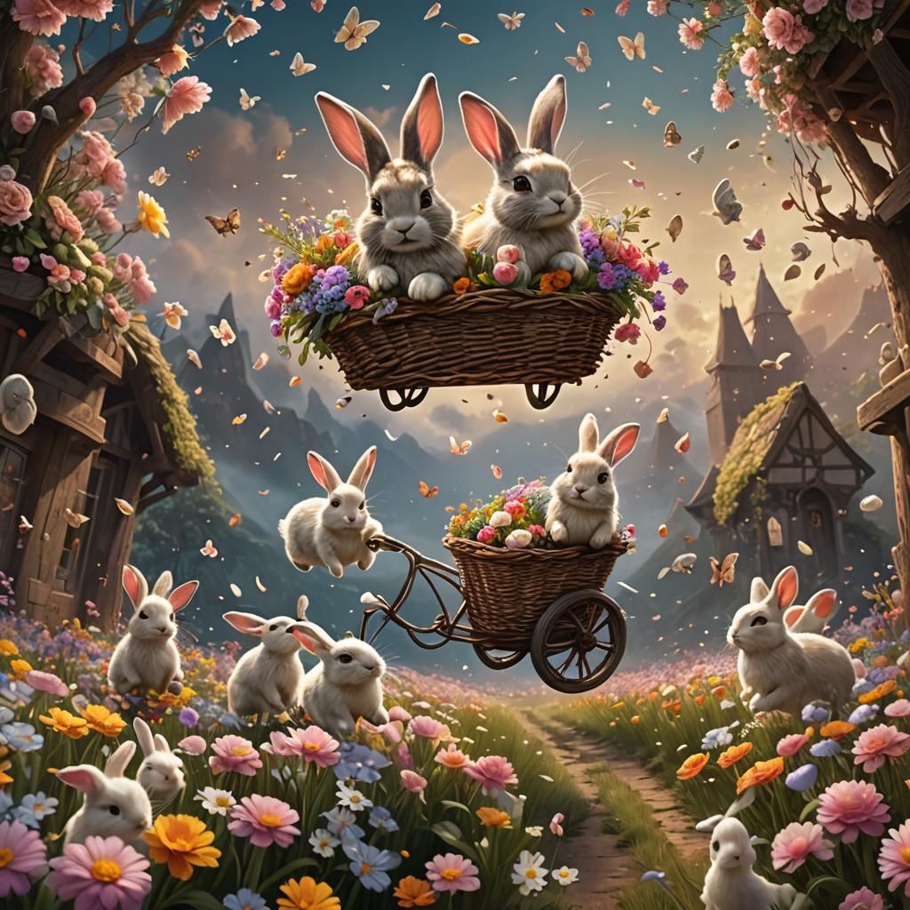 cute vinged bunny flying with a basket of flowers spreading ...