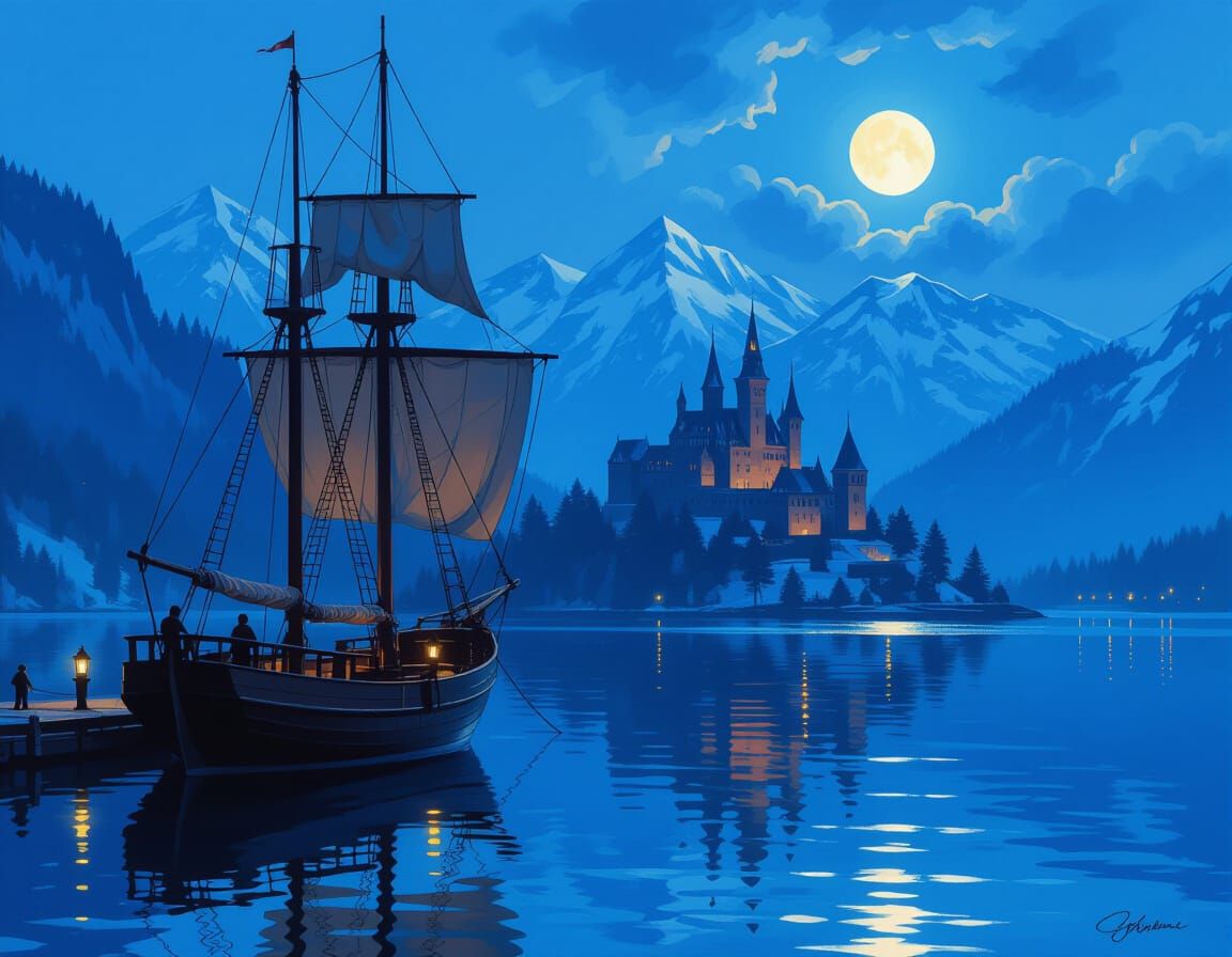 Twilight Sailing Ship Before Moonlit Castle, Oil Painting