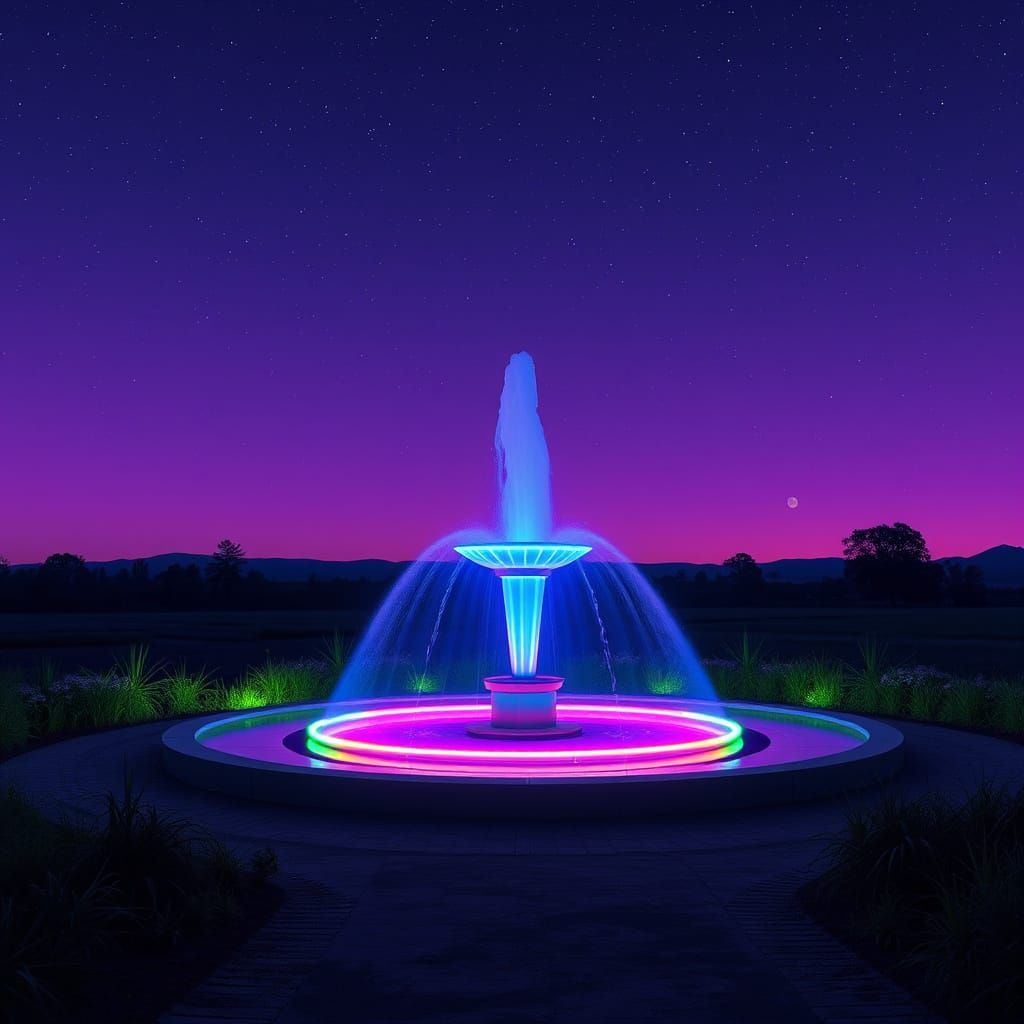 Neon Synthwave Fountain Under Starry Sky