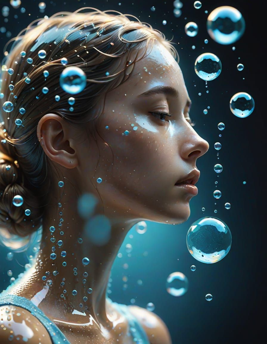 Abstract Surrealist Woman Profile in Bubbles