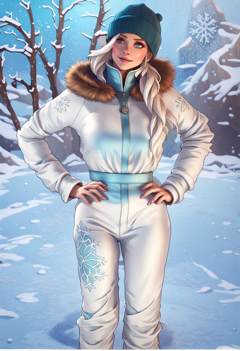 blonde in snowsuit