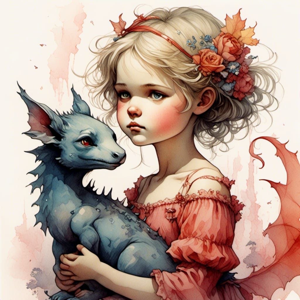 Cute Princess with Dragon in Watercolor Style