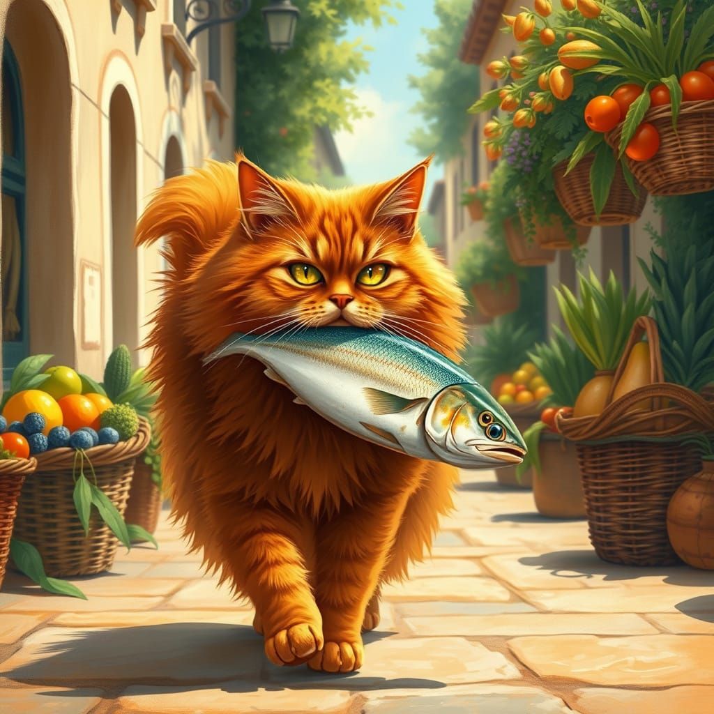 Red Persian Cat Carrying Fish in Rousseau Style