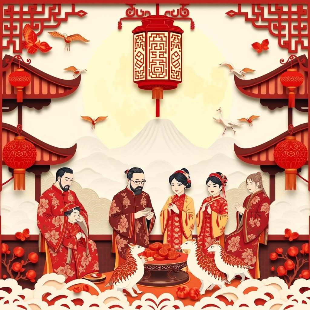Chinese paper-cut art style, Mid-Autumn Festival scene in Manchurian culture
