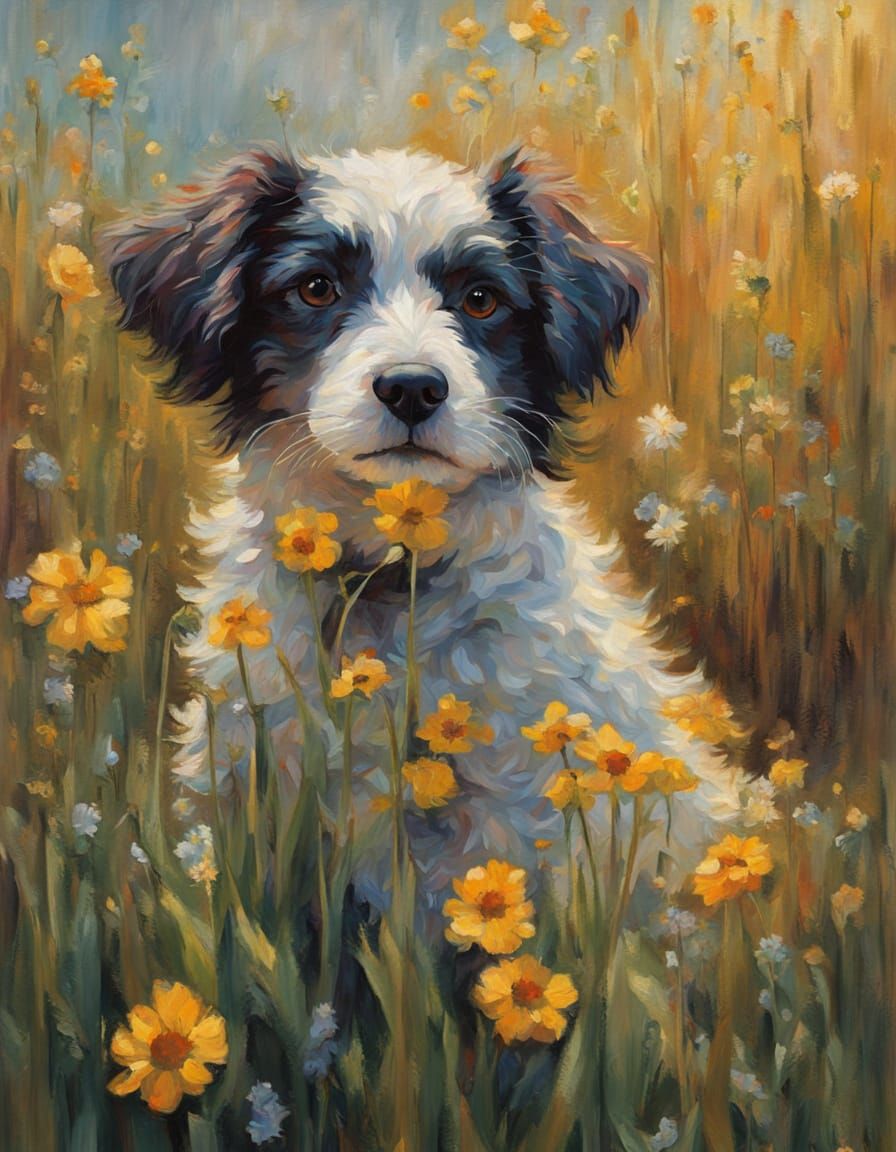 Fluffy Puppy Emerging from a Boot in a Vibrant Oil Painting