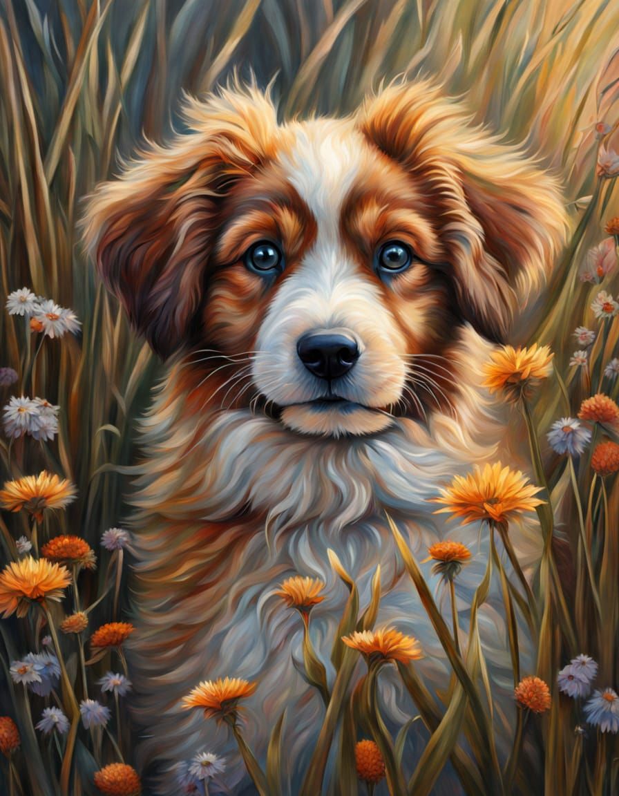 Curly Puppy Amidst Wildflowers in Oil Painting