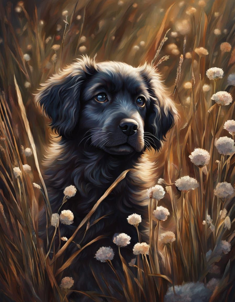 Romantic Oil Painting of a Curly Puppy Amidst Wildflowers