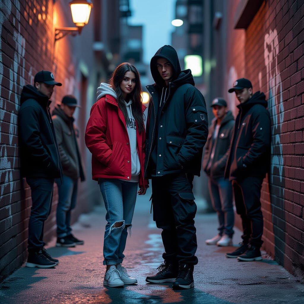 Urban Couple in Alleyway: Film Noir Illustration