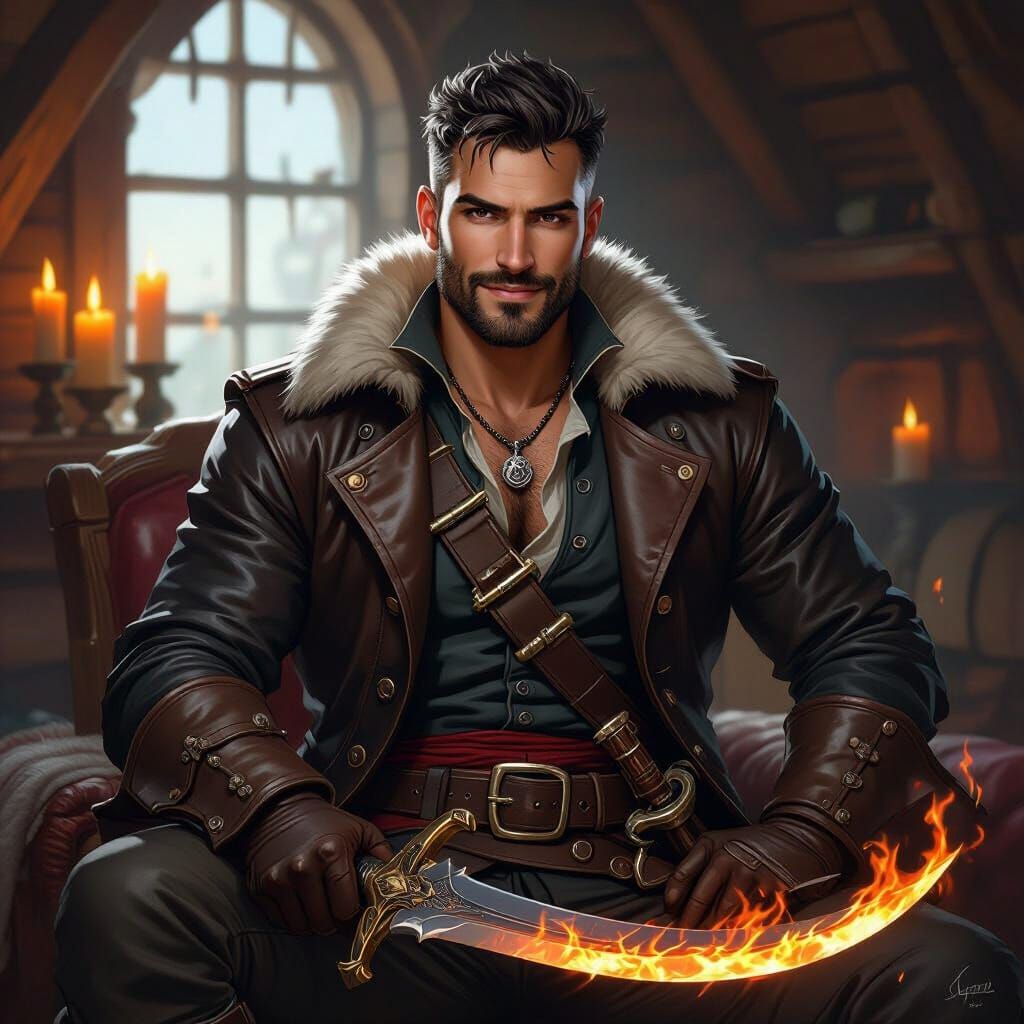 Handsome Rogue with Flaming Sword in Cabin