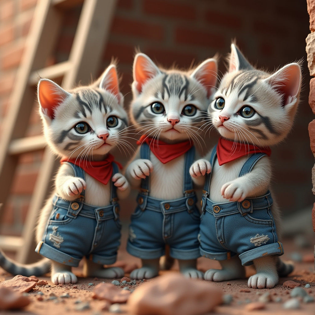 Kittens Building a Brick Wall in Hyper-Realistic Style